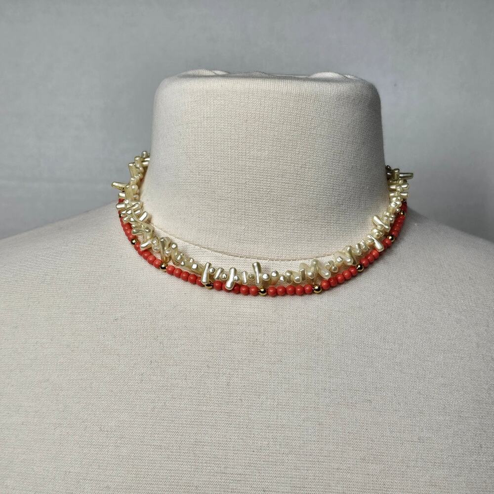 Vintage Napier Necklace Faux Coral Stick Pearl Goldtone Multi-Strand 17" Choker